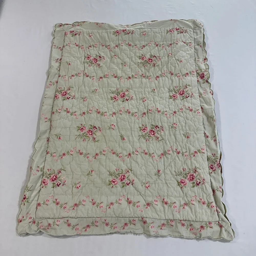Simply Shabby Chic Rose Floral Quilted Cotton Pillow Sham Scalloped Sage 23x28